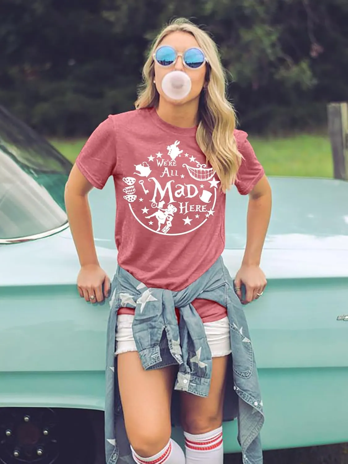 Alice in Wonderland Shirt Women Vacation Shirts We're All Mad Here Tshirt Mad Tea Party Shirt Cute Graphic Tee Tops