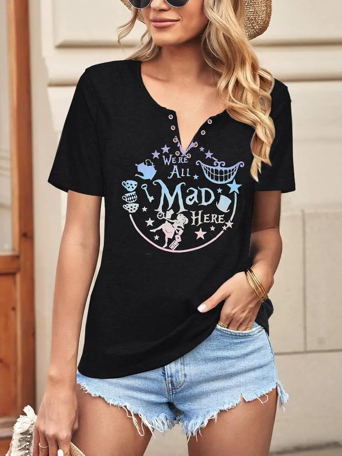 Alice in Wonderland Shirt Women Vacation Shirts We're All Mad Here Tshirt Mad Tea Party Shirt Cute Graphic Tee Tops