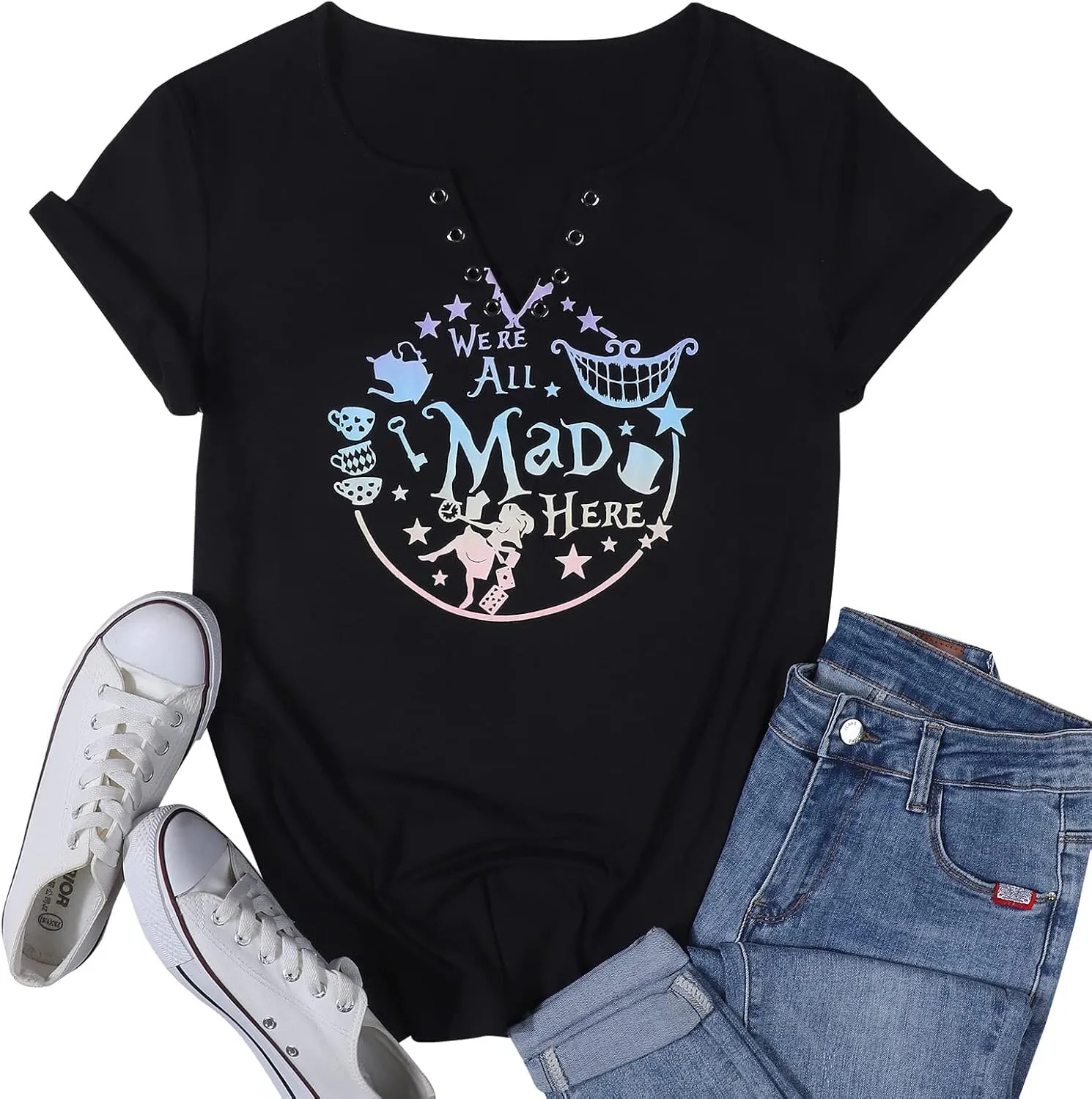 Alice in Wonderland Shirt Women Vacation Shirts We're All Mad Here Tshirt Mad Tea Party Shirt Cute Graphic Tee Tops