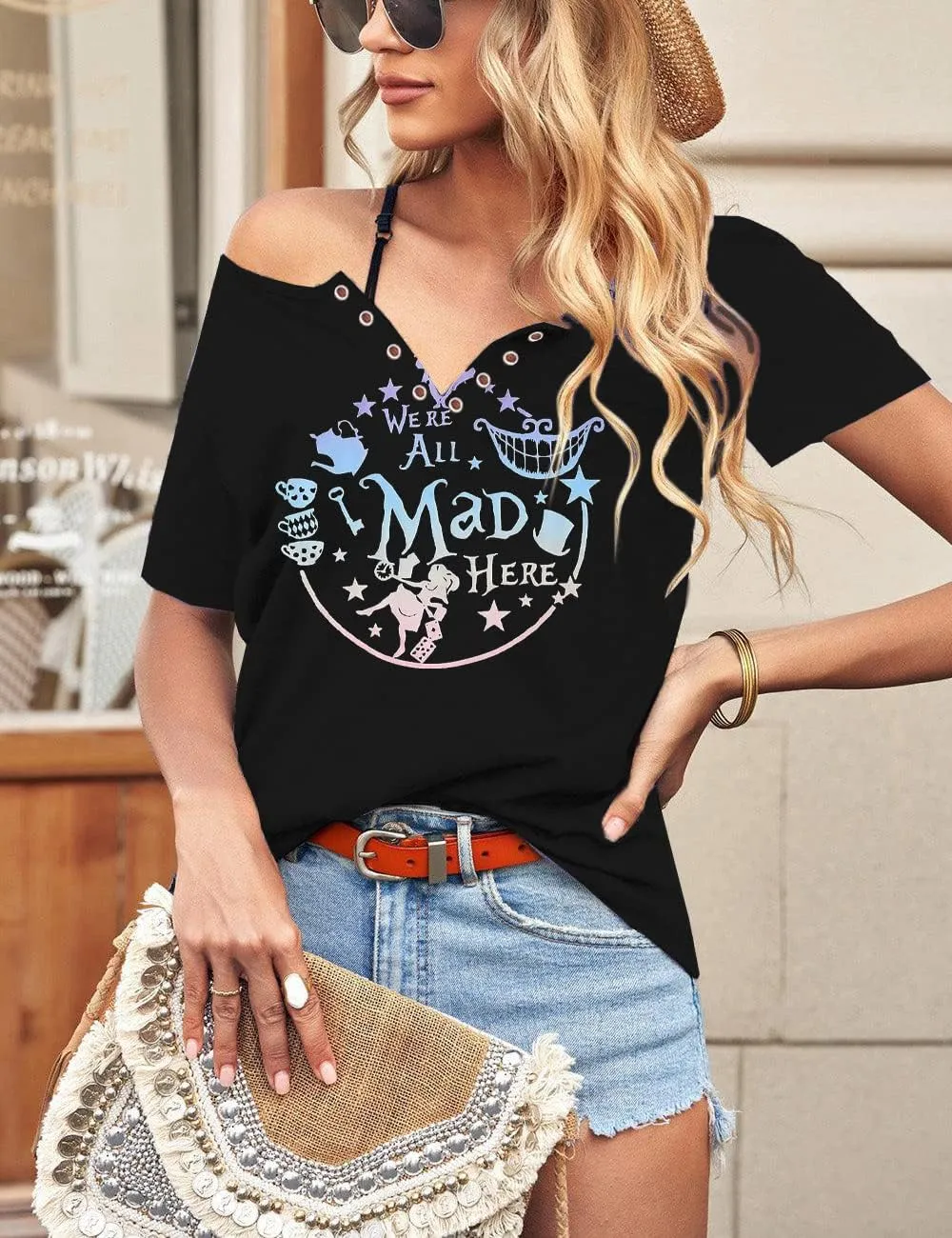 Alice in Wonderland Shirt Women Vacation Shirts We're All Mad Here Tshirt Mad Tea Party Shirt Cute Graphic Tee Tops