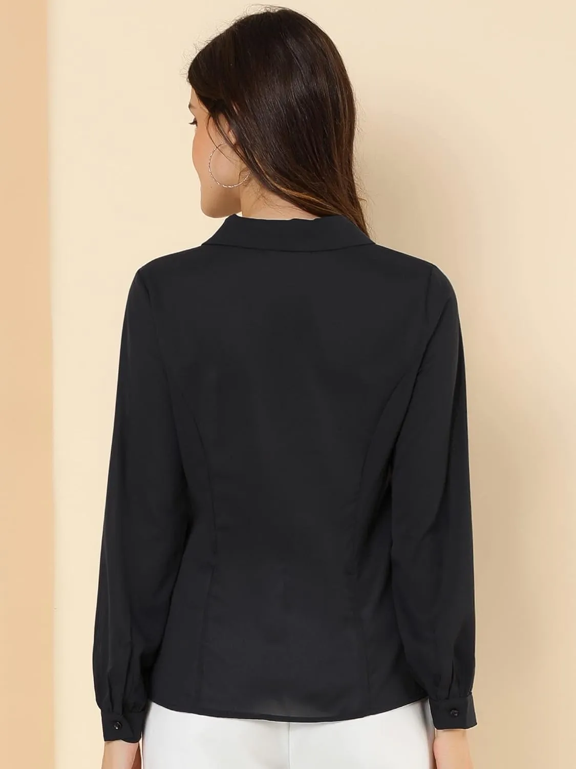 Allegra K Women's Button Up Shirt Business Casual Career Peter Pan Collar Long Bishop Sleeve Blouse