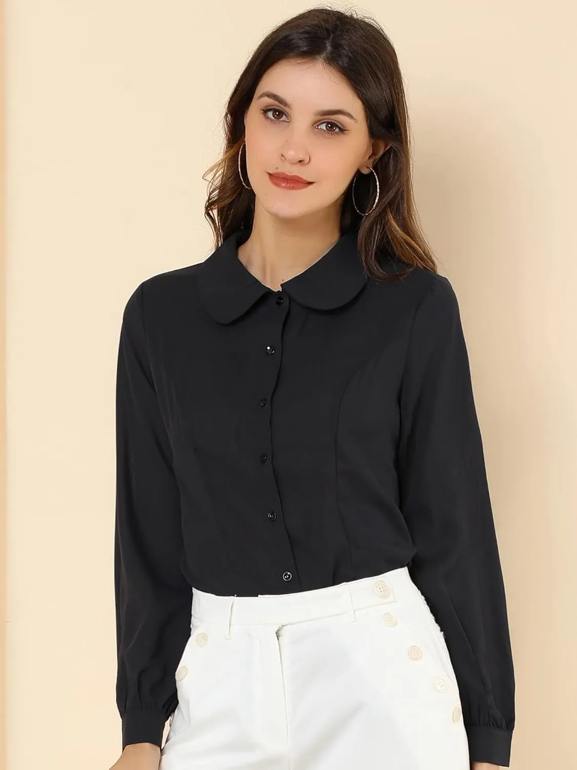Allegra K Women's Button Up Shirt Business Casual Career Peter Pan Collar Long Bishop Sleeve Blouse