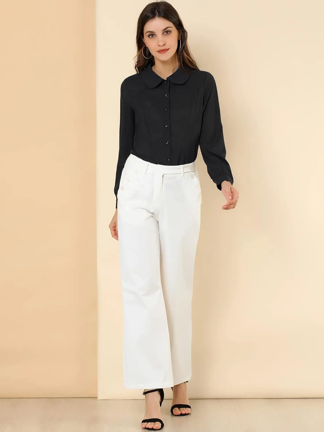 Allegra K Women's Button Up Shirt Business Casual Career Peter Pan Collar Long Bishop Sleeve Blouse