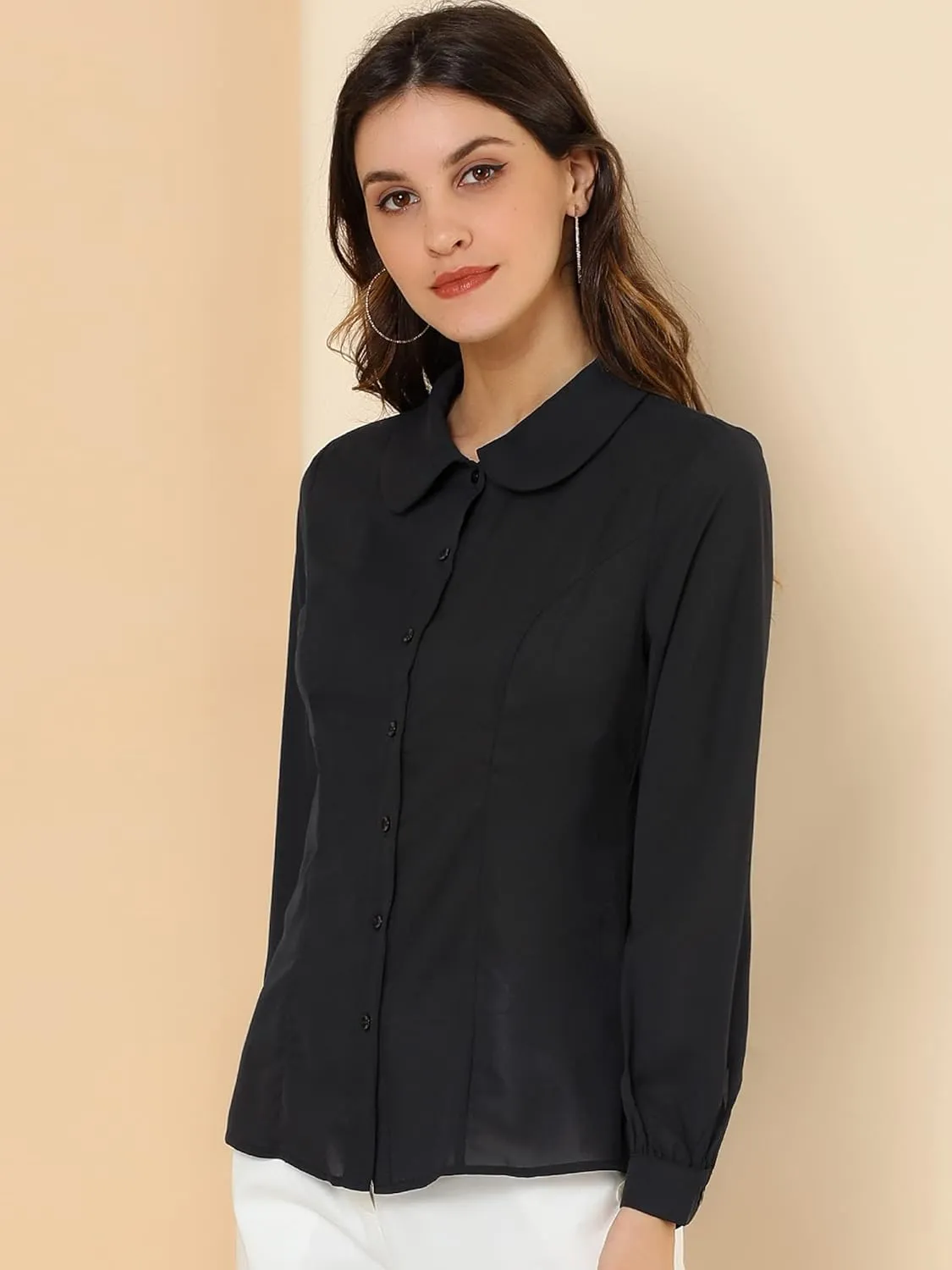 Allegra K Women's Button Up Shirt Business Casual Career Peter Pan Collar Long Bishop Sleeve Blouse