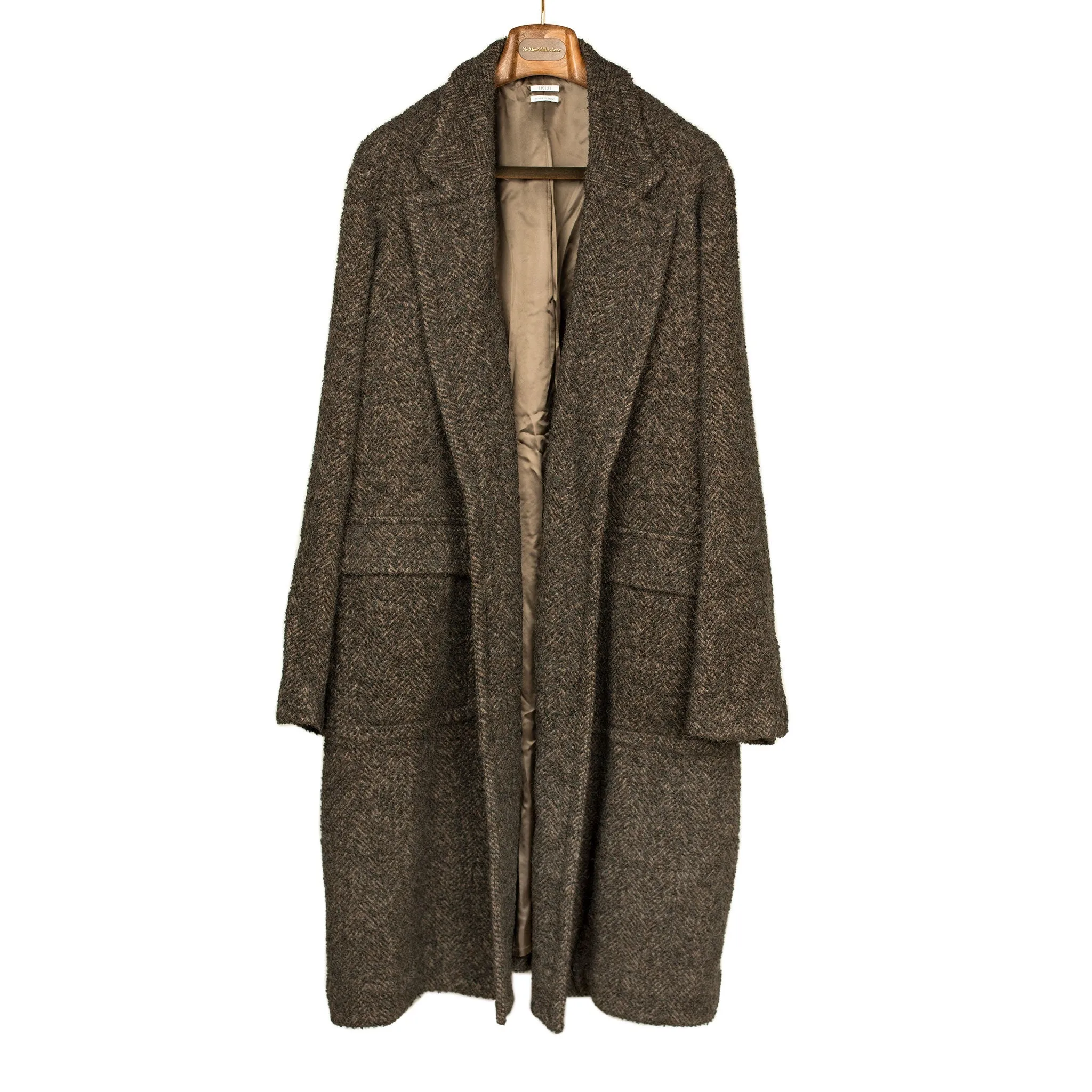Belted robe coat in mixed brown wool boucle