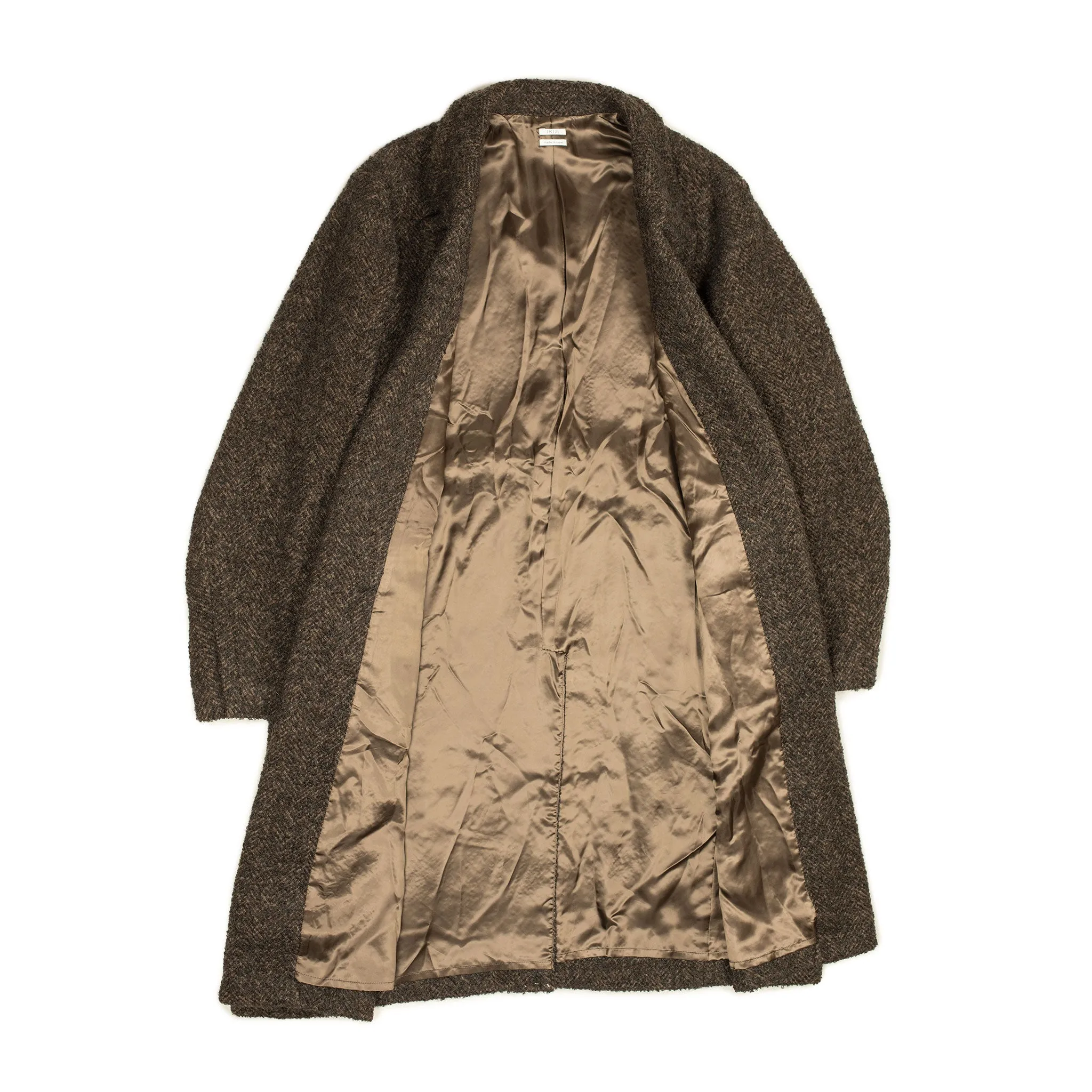 Belted robe coat in mixed brown wool boucle