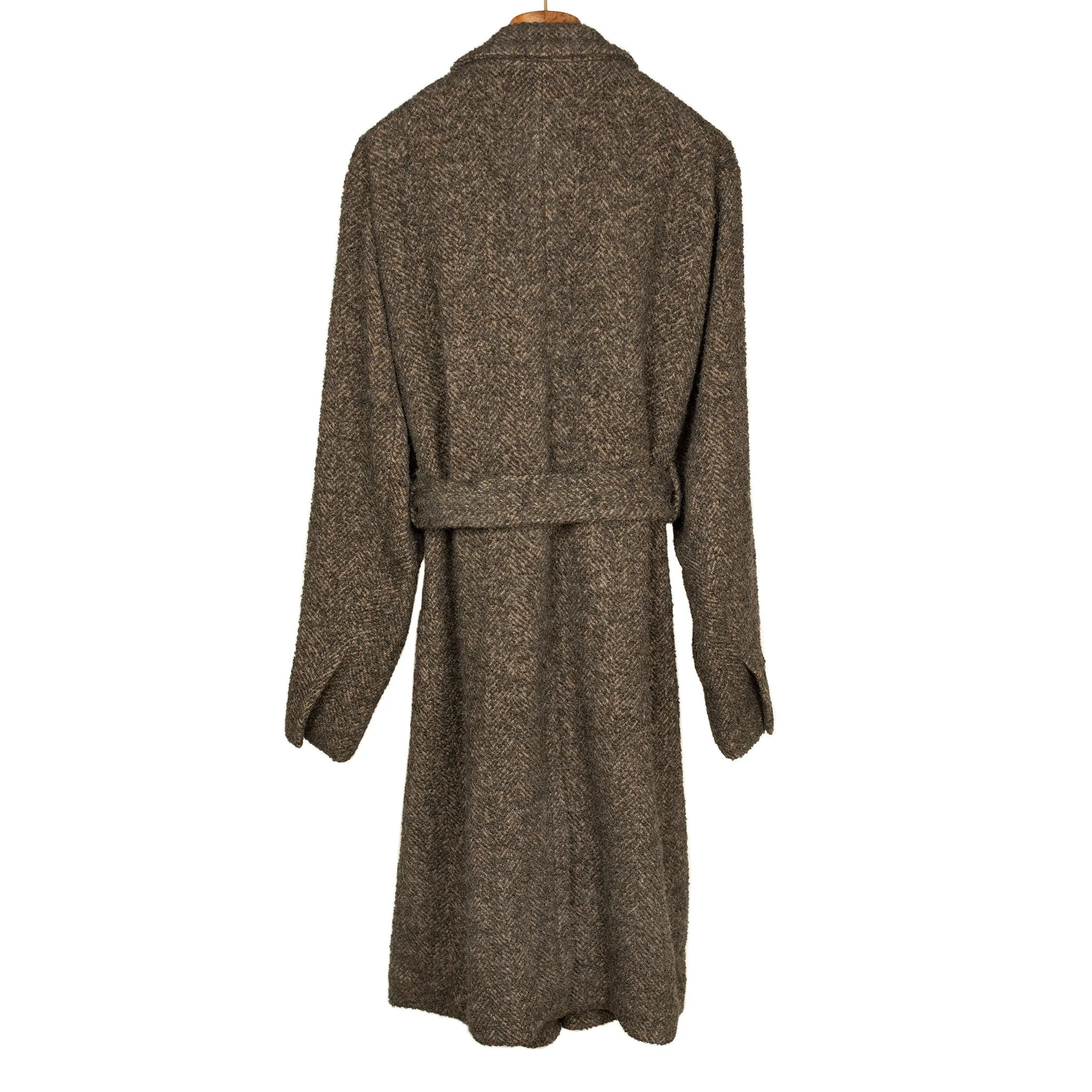 Belted robe coat in mixed brown wool boucle