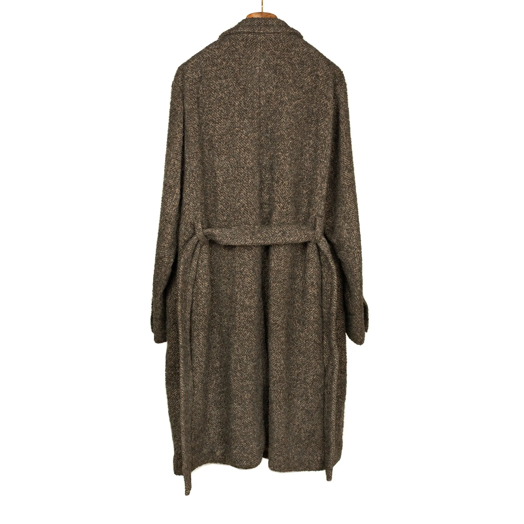 Belted robe coat in mixed brown wool boucle