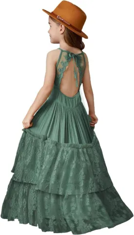 BIBIHOU Girls Kids Lace Back Full-Length Backless Tulle Party Holiday Formal Flower Girl Dress