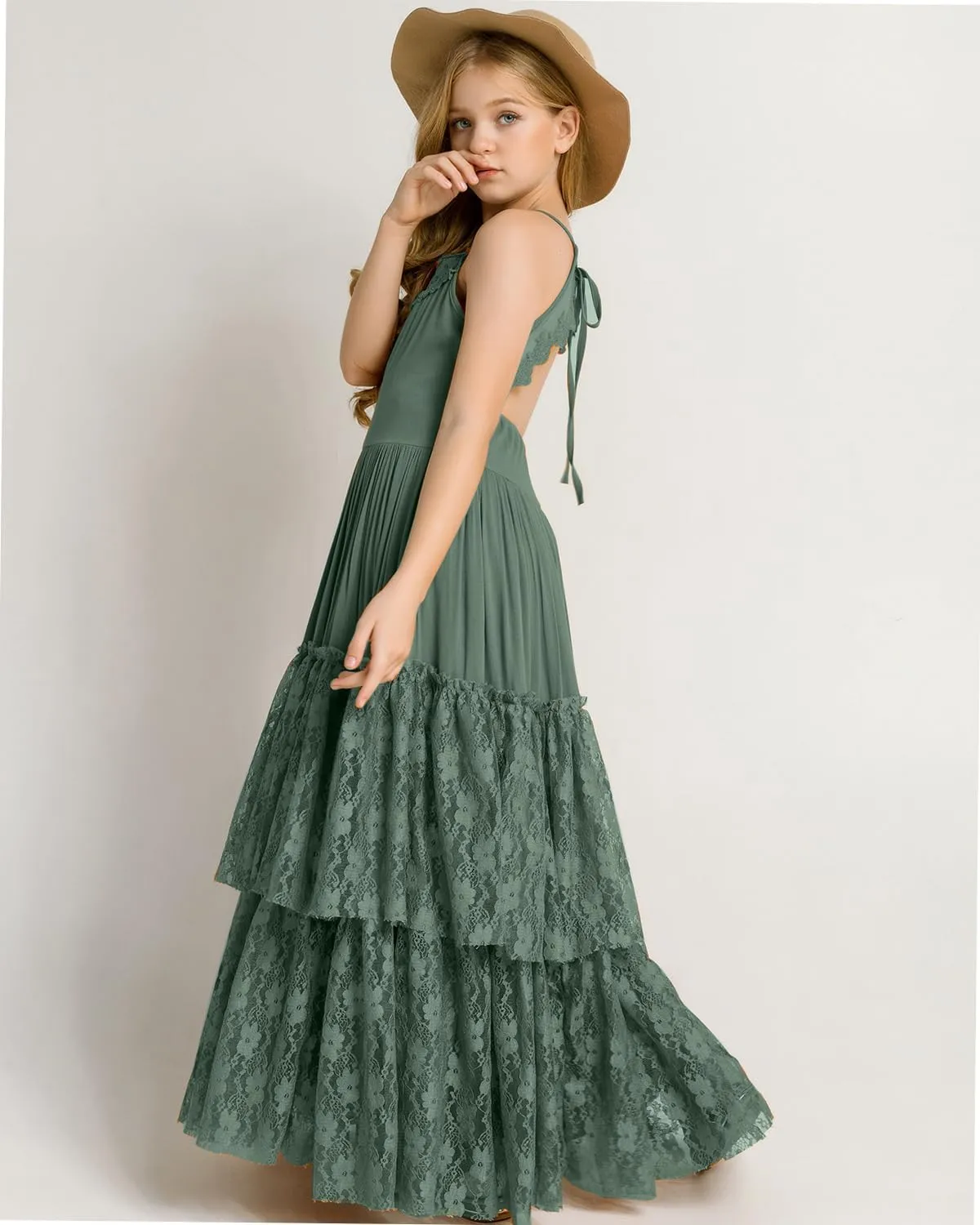 BIBIHOU Girls Kids Lace Back Full-Length Backless Tulle Party Holiday Formal Flower Girl Dress