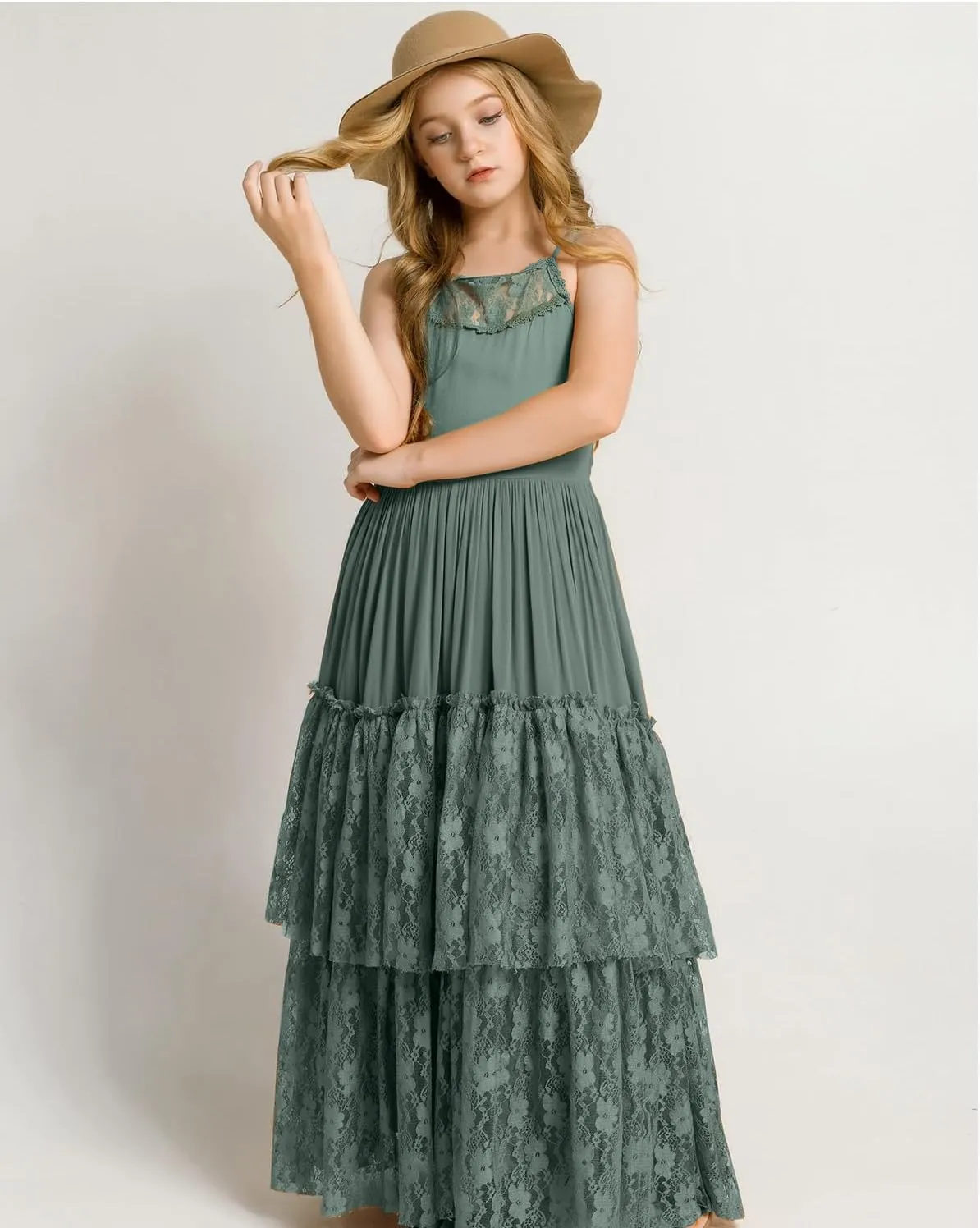 BIBIHOU Girls Kids Lace Back Full-Length Backless Tulle Party Holiday Formal Flower Girl Dress