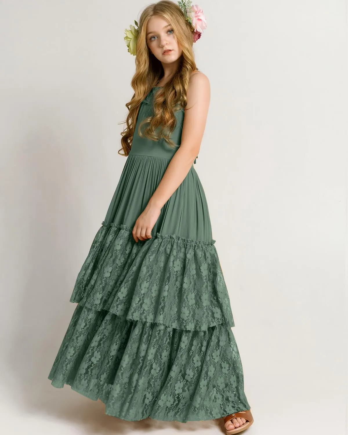 BIBIHOU Girls Kids Lace Back Full-Length Backless Tulle Party Holiday Formal Flower Girl Dress