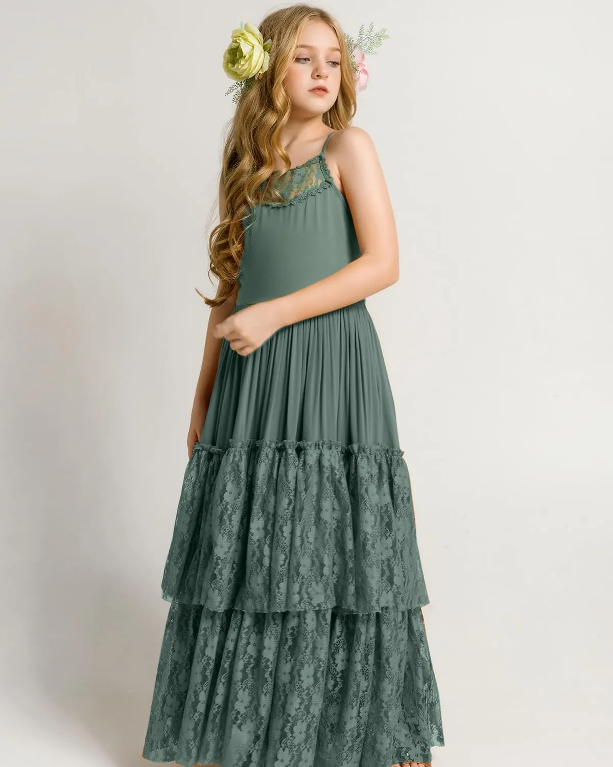 BIBIHOU Girls Kids Lace Back Full-Length Backless Tulle Party Holiday Formal Flower Girl Dress