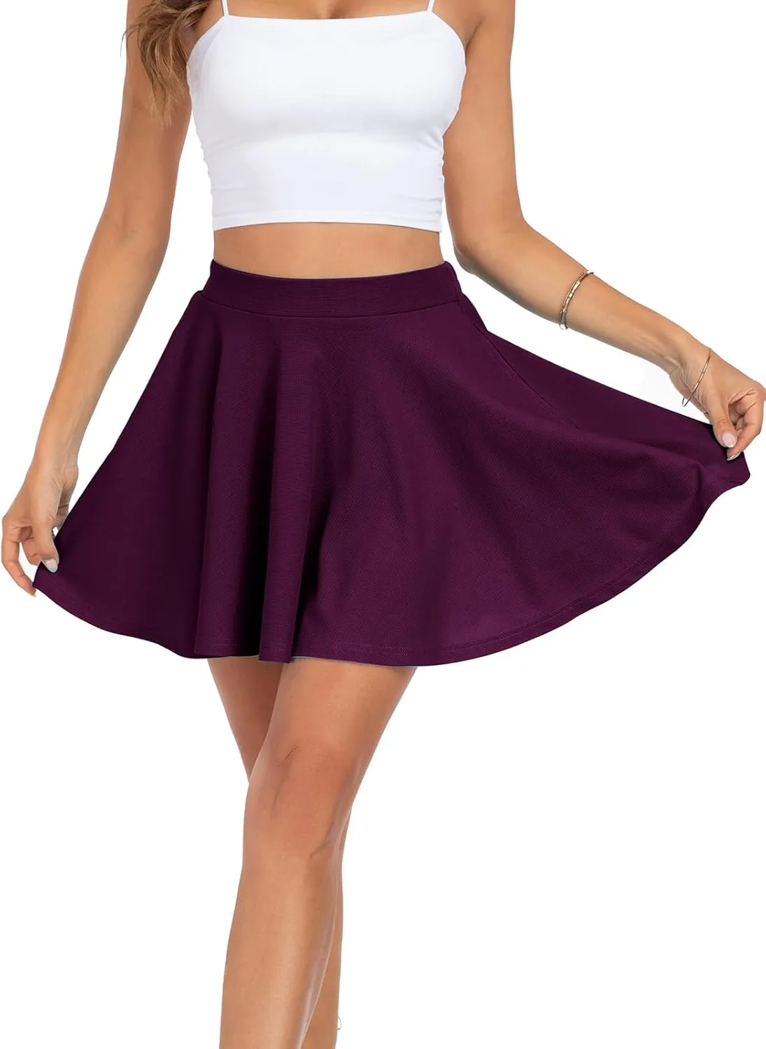 BLEVONH Women's Basic Versatile Stretchy Flared Casual Mini Skater Skirt with Pockets High Waisted Cute Short Skirts 2 Pack