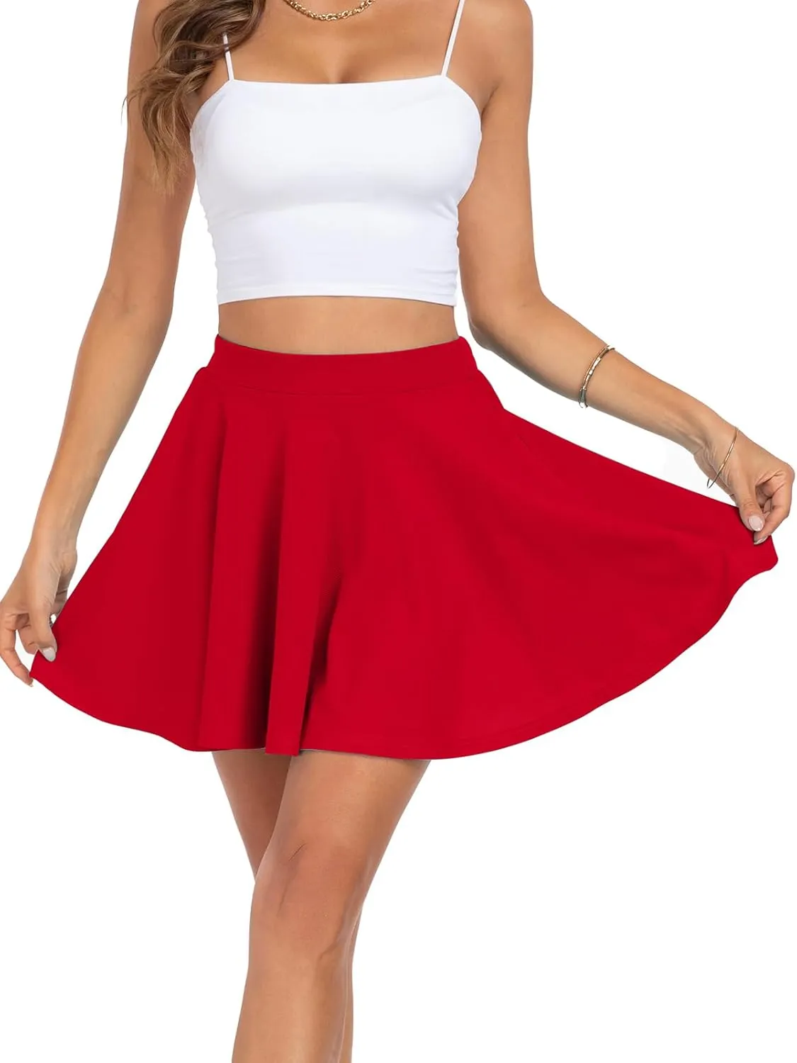 BLEVONH Women's Basic Versatile Stretchy Flared Casual Mini Skater Skirt with Pockets High Waisted Cute Short Skirts 2 Pack