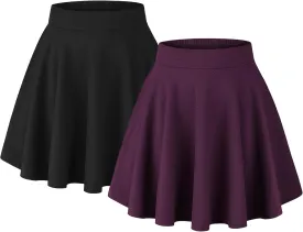 BLEVONH Women's Basic Versatile Stretchy Flared Casual Mini Skater Skirt with Pockets High Waisted Cute Short Skirts 2 Pack