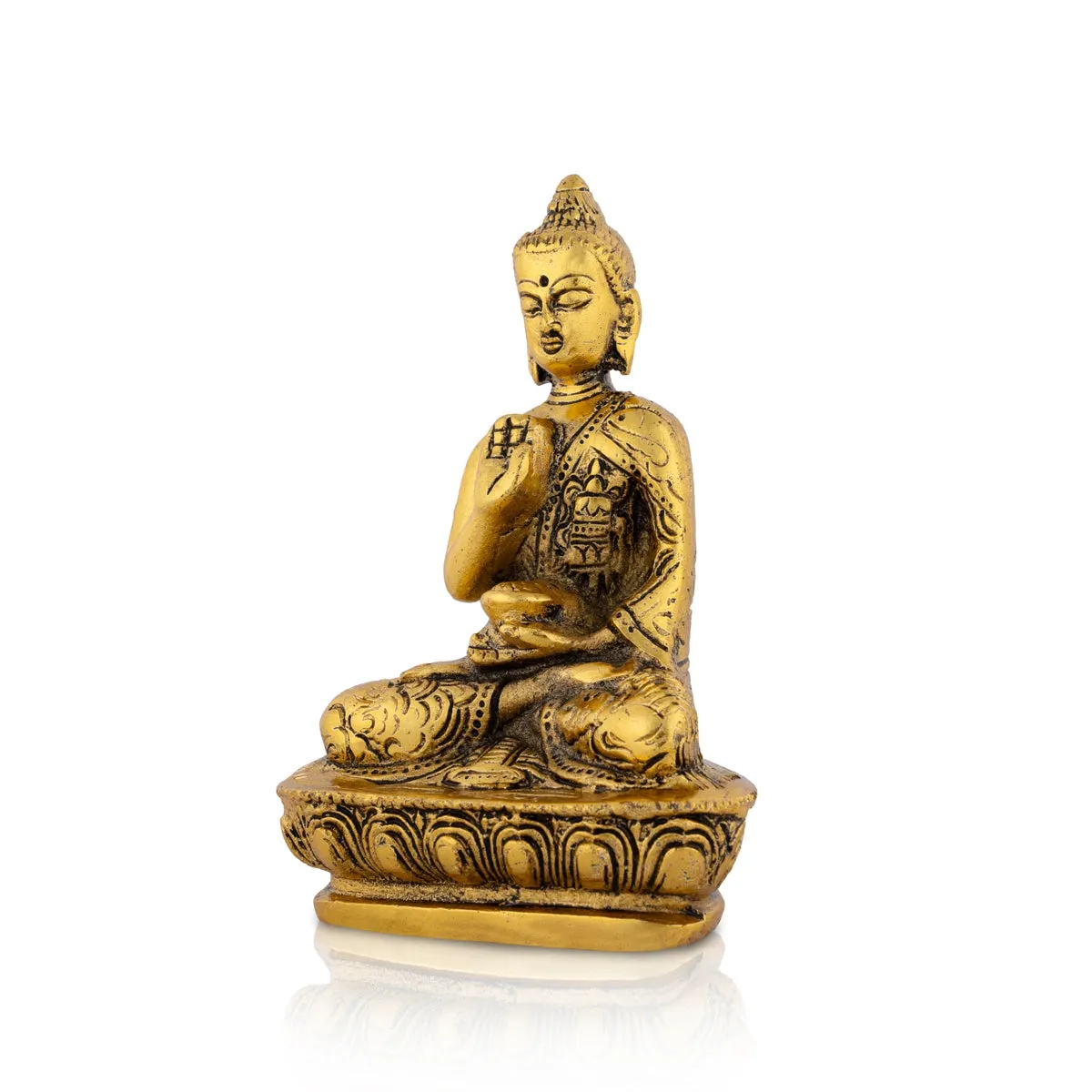 Buddha Statue Sitting On Flower Base - 5 x 3.5 Inches | Aluminium Buddha Murti/ Gold Polish Buddha Idol for Home