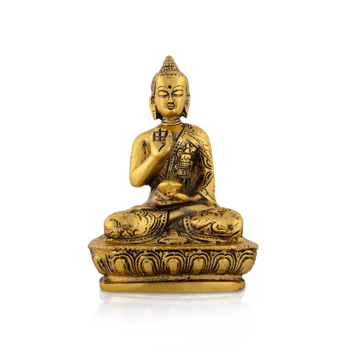 Buddha Statue Sitting On Flower Base - 5 x 3.5 Inches | Aluminium Buddha Murti/ Gold Polish Buddha Idol for Home