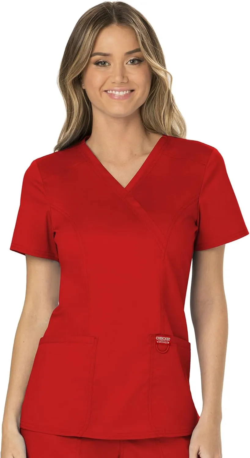 Cherokee Scrubs for Women Mock Wrap Top with 3 Pocket, Back Princess Seams WW610