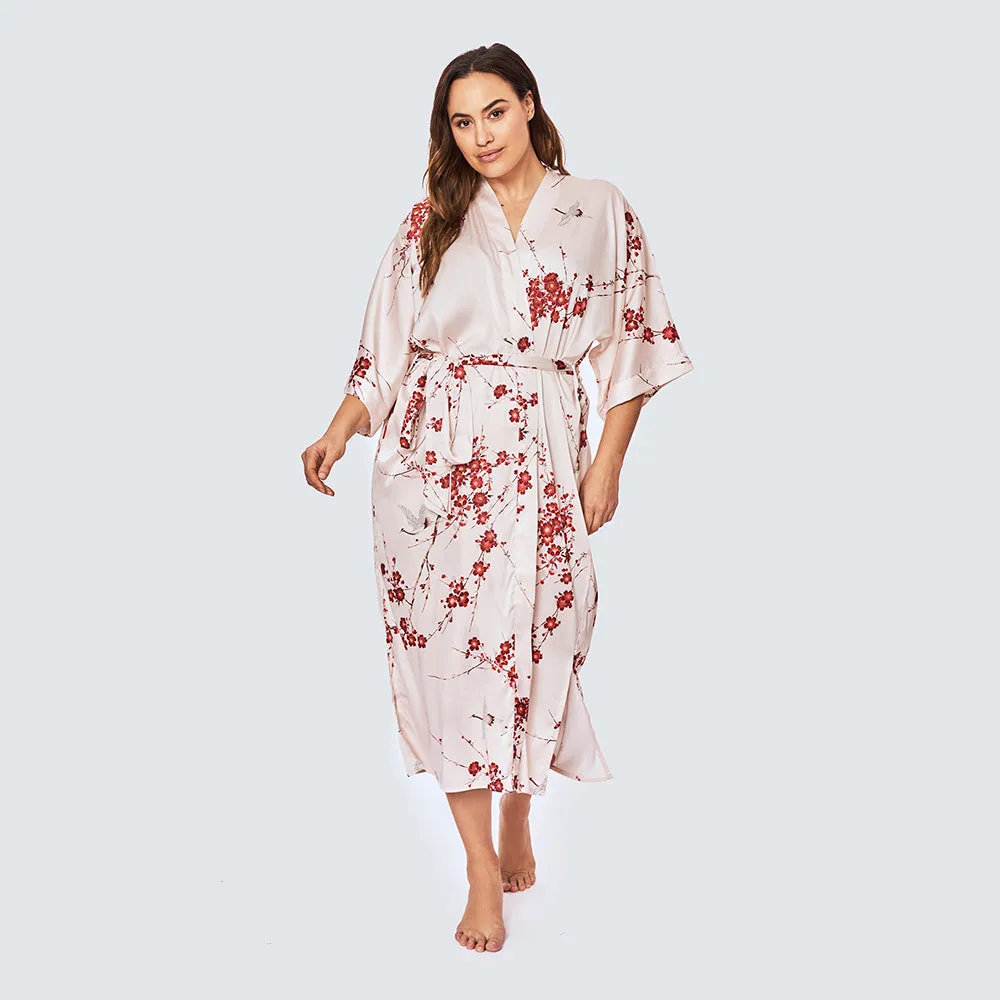 Cherry Blossom & Crane Long Kimono Robe (Plus Size)