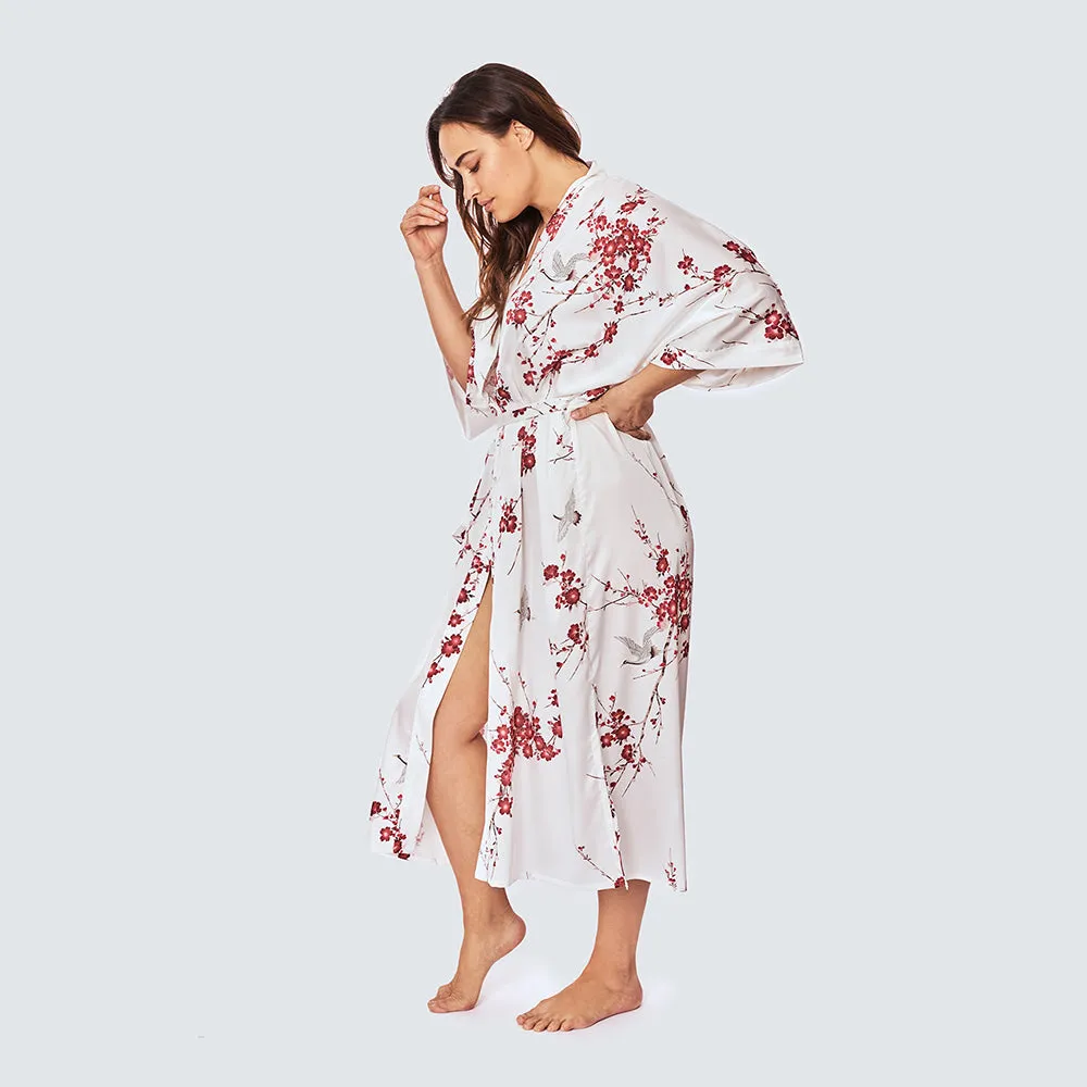 Cherry Blossom & Crane Long Kimono Robe (Plus Size)