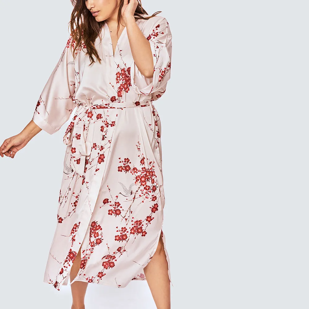 Cherry Blossom & Crane Long Kimono Robe (Plus Size)