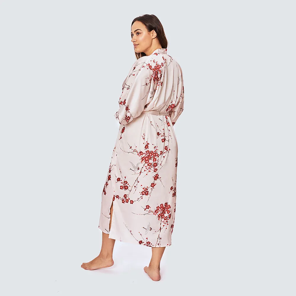 Cherry Blossom & Crane Long Kimono Robe (Plus Size)