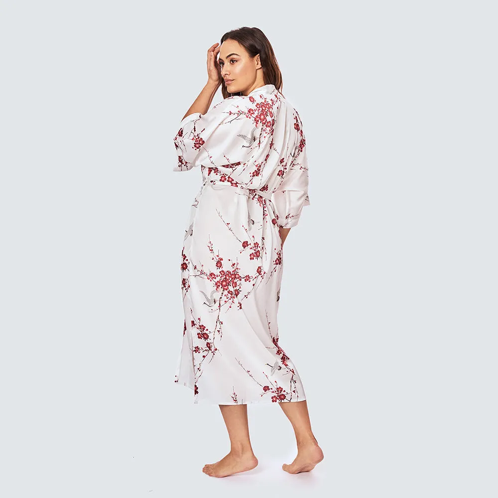 Cherry Blossom & Crane Long Kimono Robe (Plus Size)