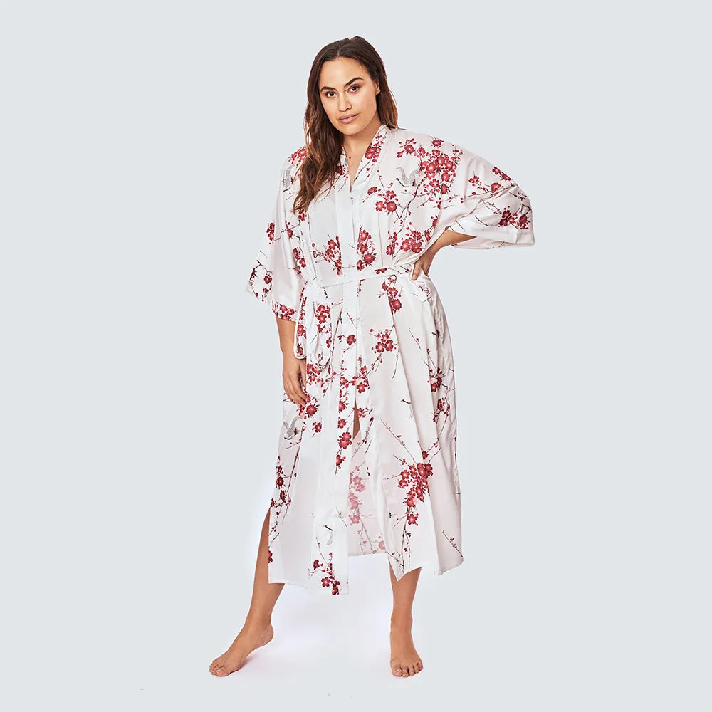 Cherry Blossom & Crane Long Kimono Robe (Plus Size)