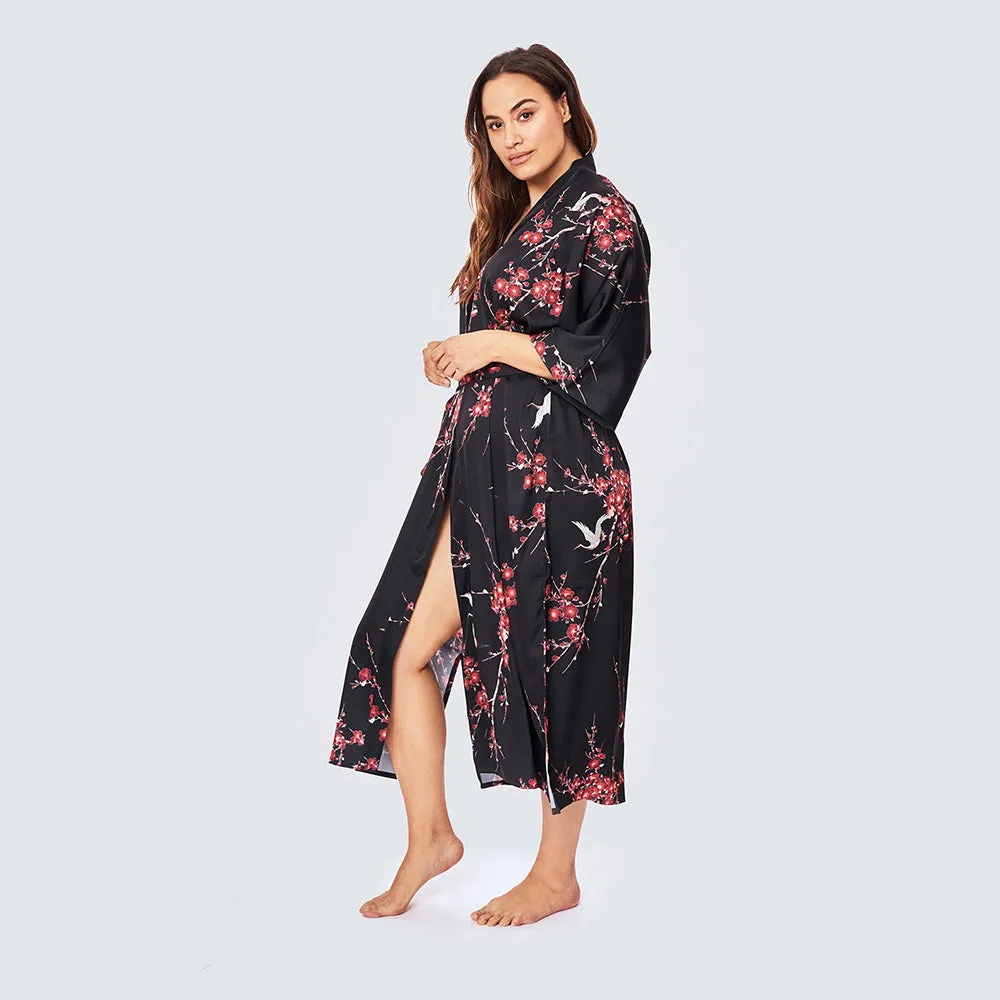 Cherry Blossom & Crane Long Kimono Robe (Plus Size)