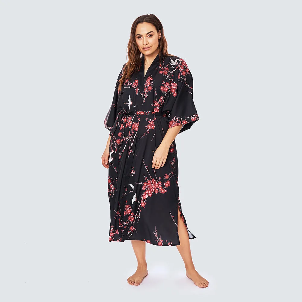 Cherry Blossom & Crane Long Kimono Robe (Plus Size)