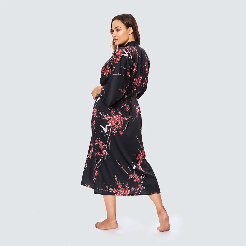 Cherry Blossom & Crane Long Kimono Robe (Plus Size)