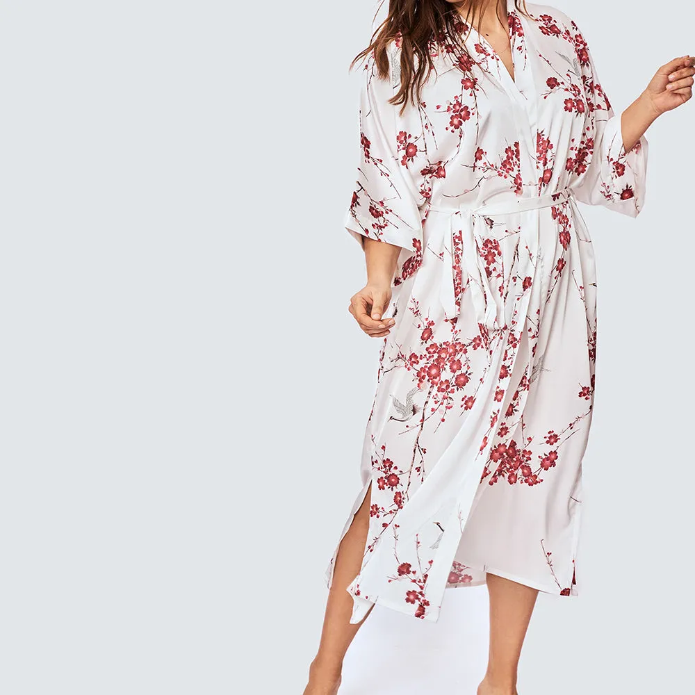 Cherry Blossom & Crane Long Kimono Robe (Plus Size)