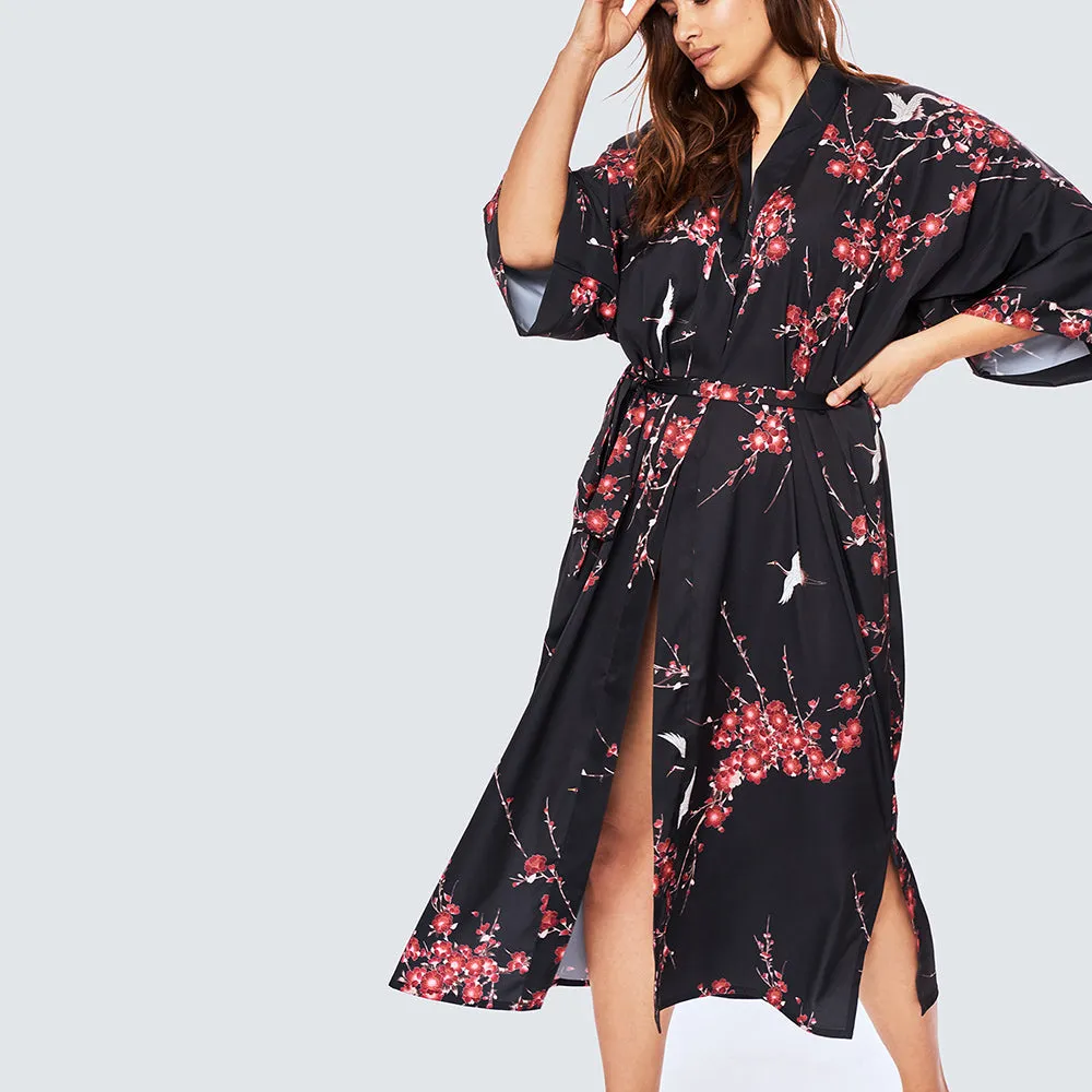 Cherry Blossom & Crane Long Kimono Robe (Plus Size)