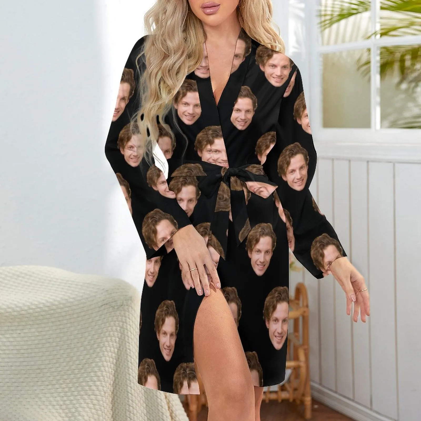 Custom Face Boyfriend Black Women's Nightwear Personalized Photo Pajamas Kimono Robe