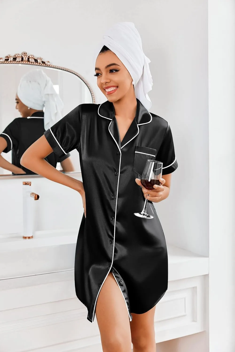 Ekouaer 2 Pack Nightgowns for Women Satin Sleep Shirt Button Down Night Shirts Silky Sleep Dress Boyfriend V Neck Sleepwear