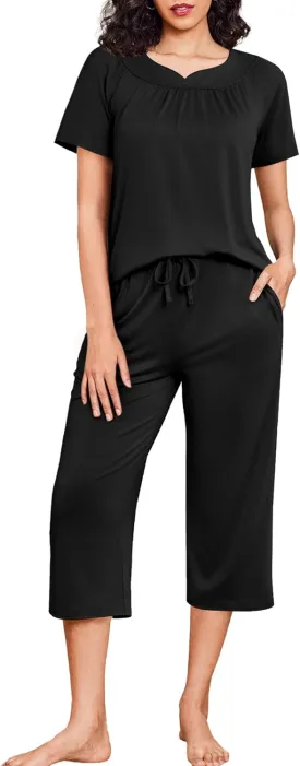 Ekouaer Capri Pajamas Short Sleeve Mumu Pjs Sets 2 Pieces Pleated Top and Capri Pants Sleepwear Loungewear for Women