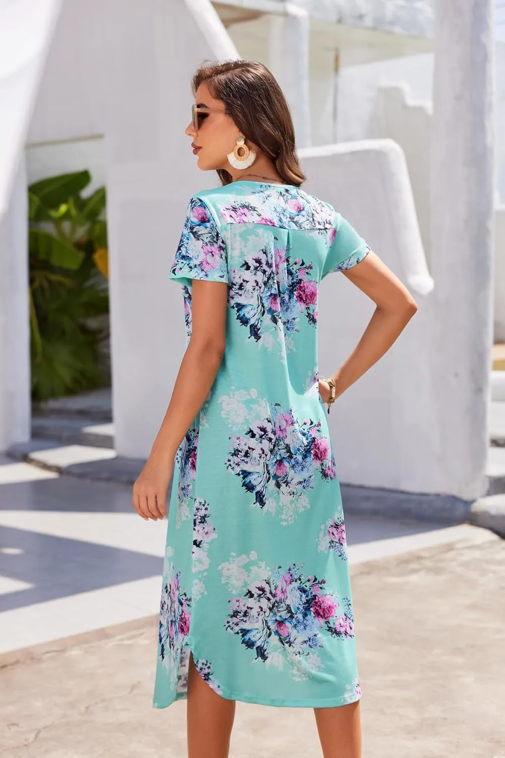 Ekouaer Long Nightgowns for Women House Dress Plus Size Sleepwear Pleated Full Length Loungwear S-4XL