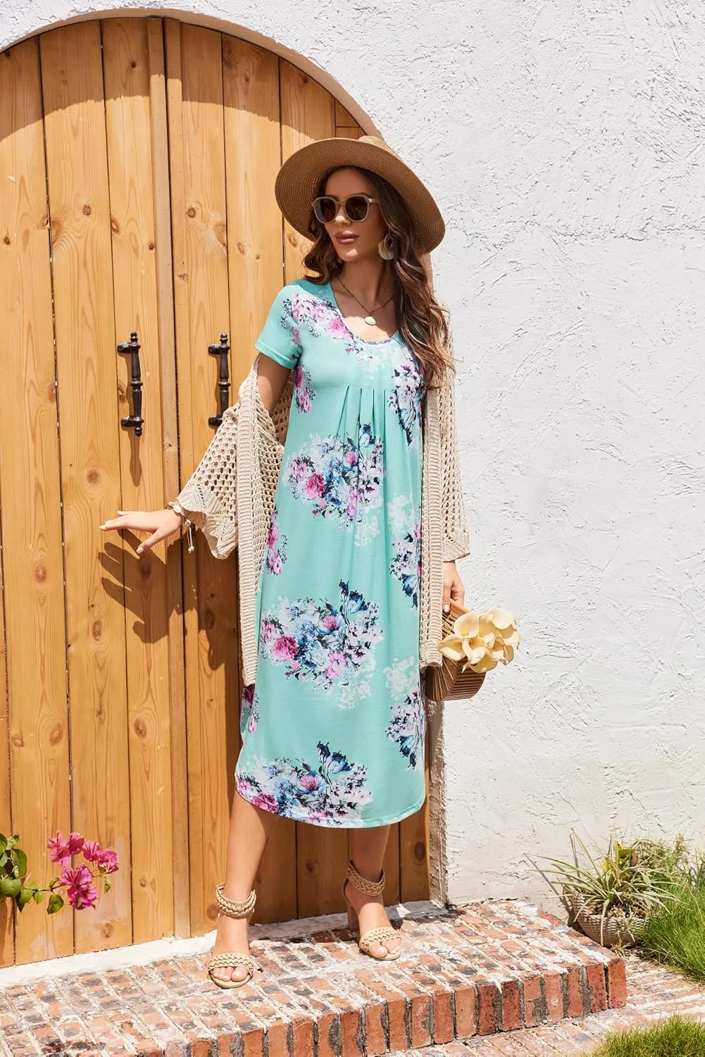 Ekouaer Long Nightgowns for Women House Dress Plus Size Sleepwear Pleated Full Length Loungwear S-4XL