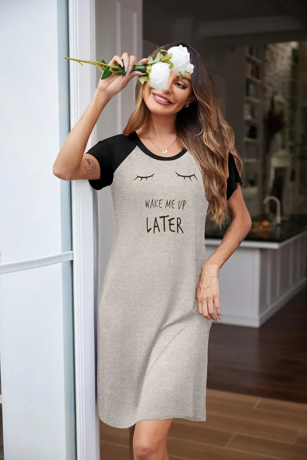Ekouaer Womens Nightgown Short Sleeve Night Dress Printed Sleepwear Soft Sleep Shirt S-3XL