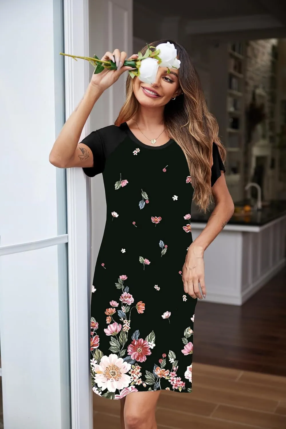 Ekouaer Womens Nightgown Short Sleeve Night Dress Printed Sleepwear Soft Sleep Shirt S-3XL