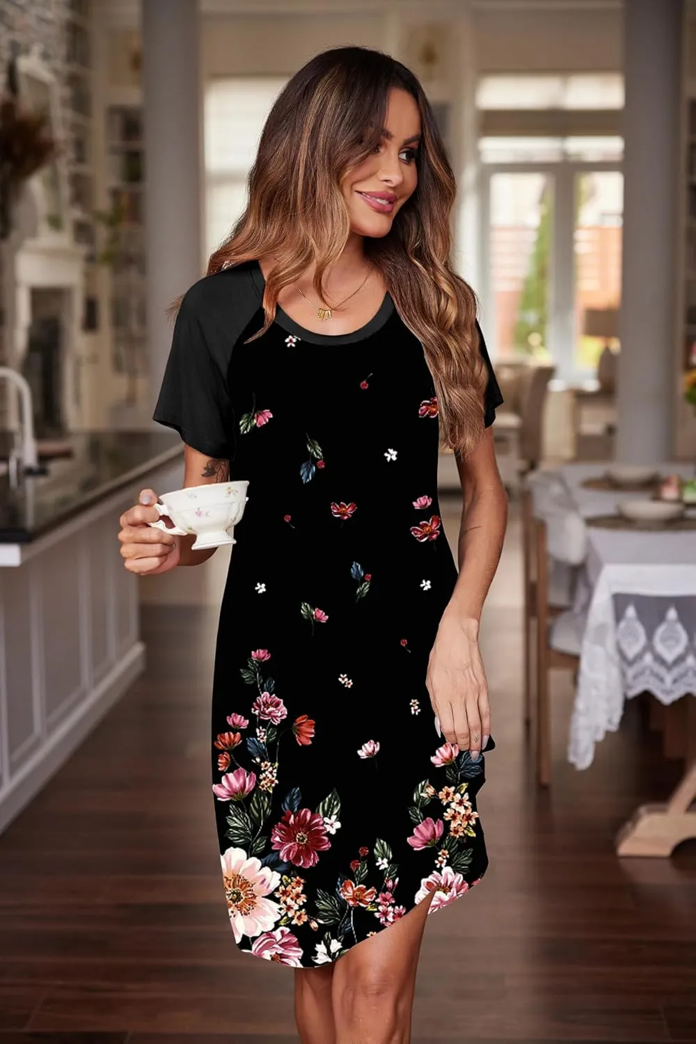 Ekouaer Womens Nightgown Short Sleeve Night Dress Printed Sleepwear Soft Sleep Shirt S-3XL