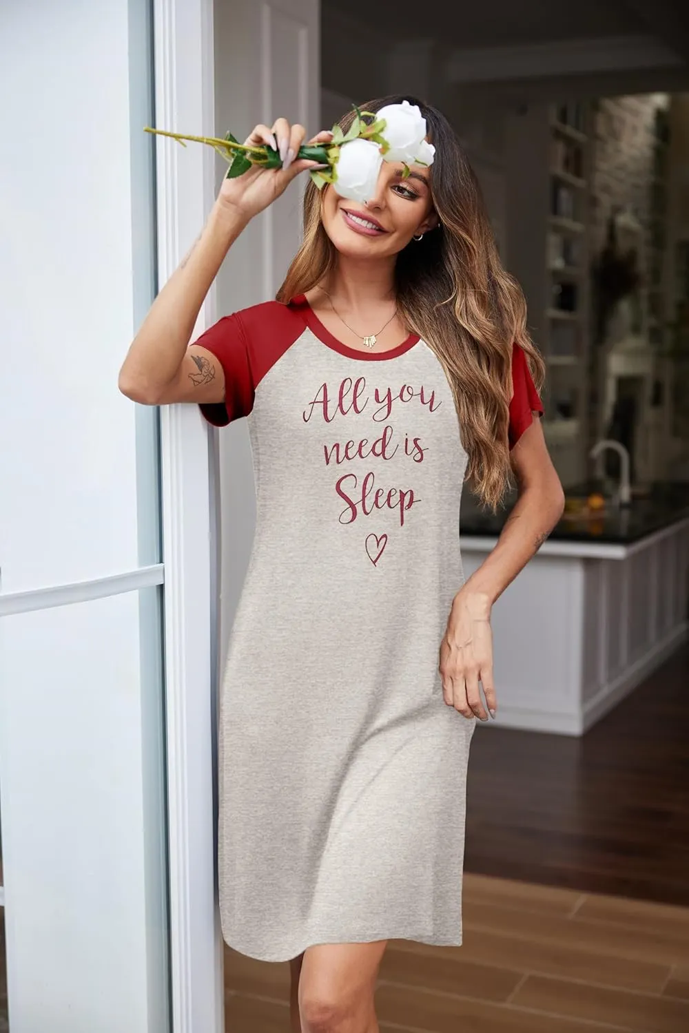 Ekouaer Womens Nightgown Short Sleeve Night Dress Printed Sleepwear Soft Sleep Shirt S-3XL