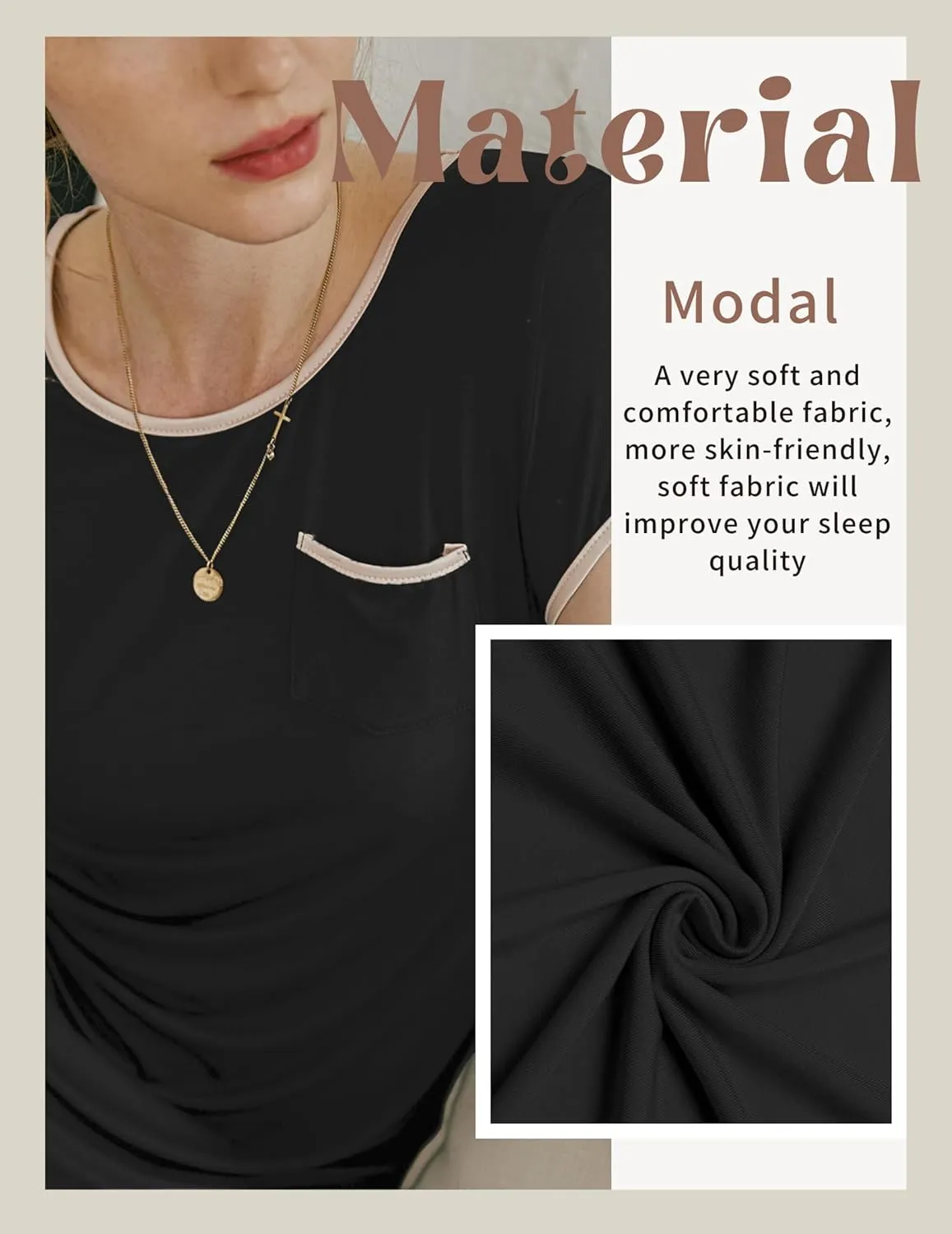 Ekouaer Womens Nightgown Sleep Shirt Dress Satin Patchwork Short Sleeve Sleepwear with Pocket