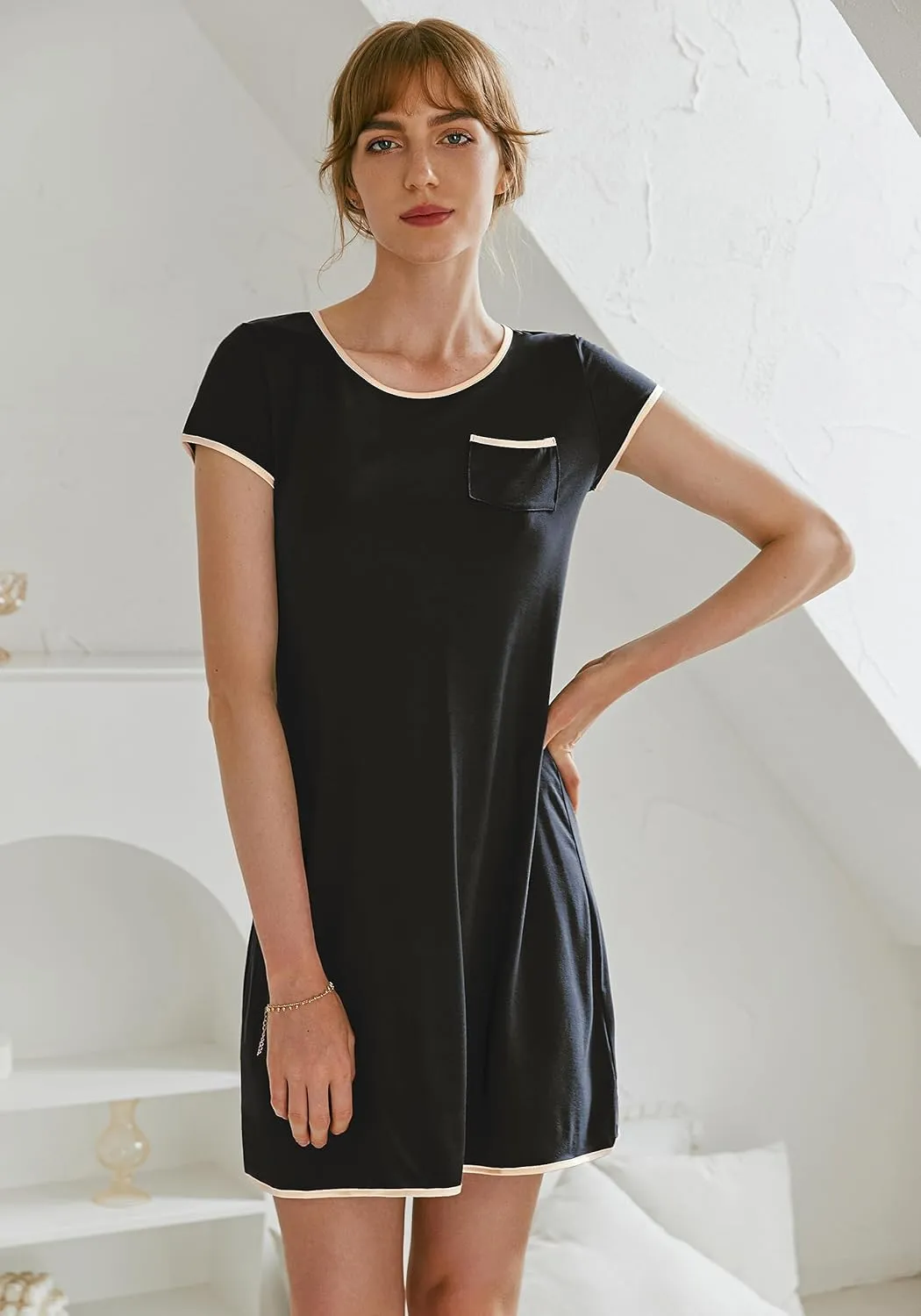 Ekouaer Womens Nightgown Sleep Shirt Dress Satin Patchwork Short Sleeve Sleepwear with Pocket