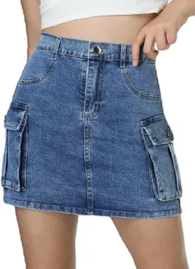 EXARUS Girls Cargo Skirt Cotton Elastic High Waist A-Line Short Mini Skirt with Pockets for School Casual 8-14Y