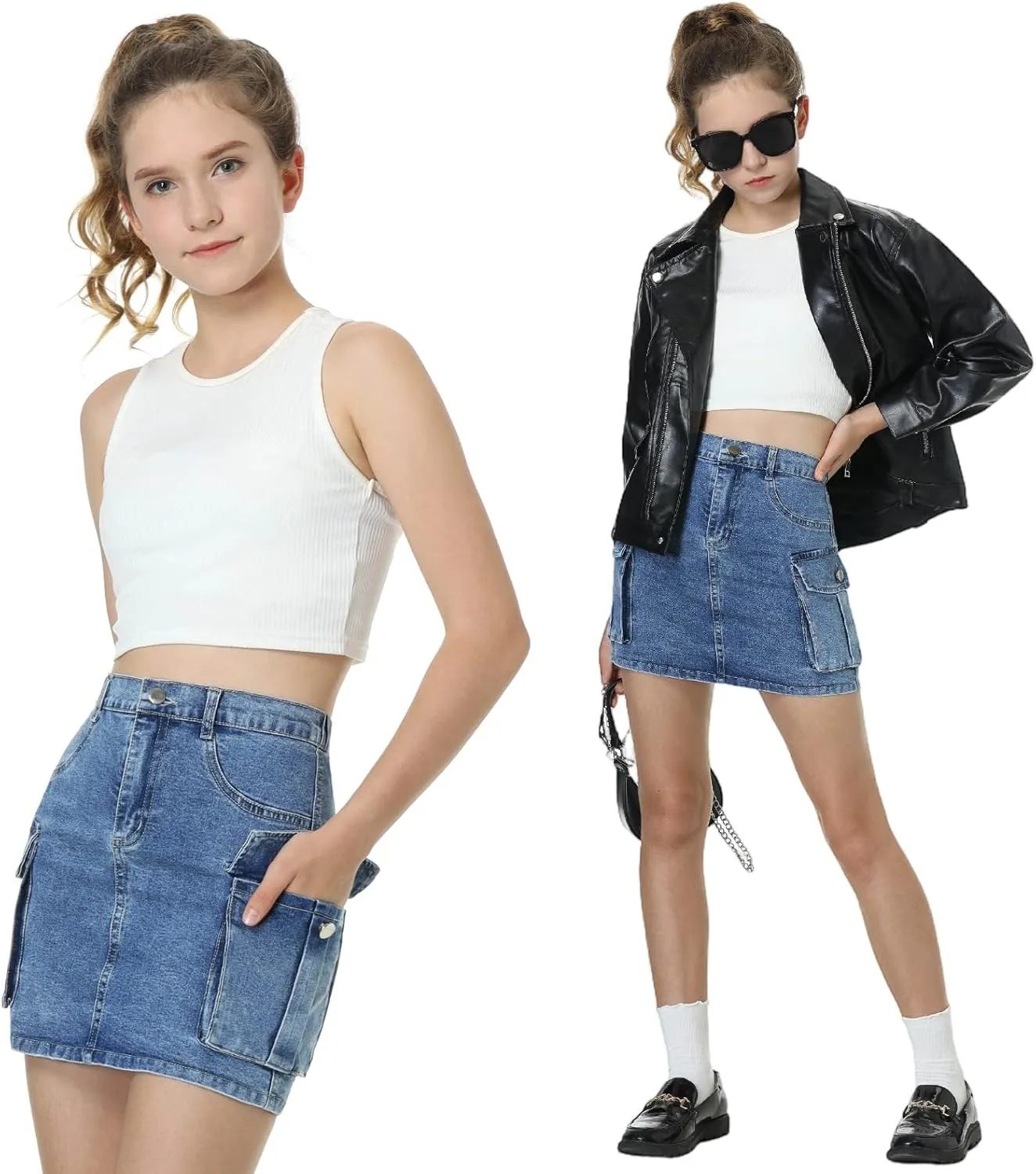 EXARUS Girls Cargo Skirt Cotton Elastic High Waist A-Line Short Mini Skirt with Pockets for School Casual 8-14Y