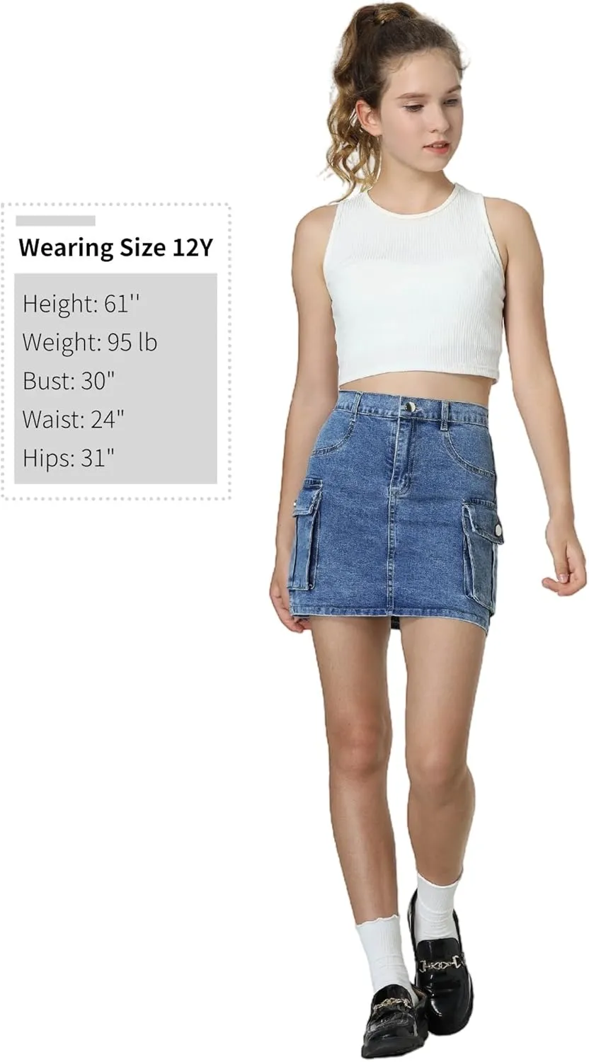 EXARUS Girls Cargo Skirt Cotton Elastic High Waist A-Line Short Mini Skirt with Pockets for School Casual 8-14Y