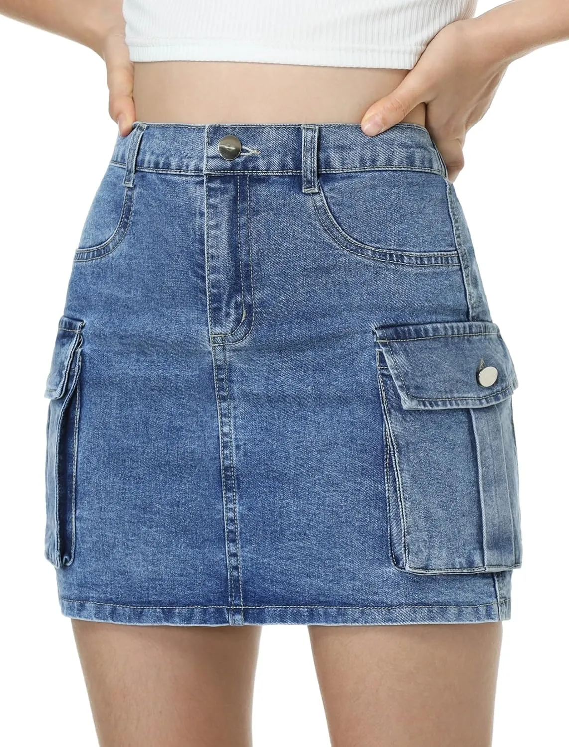 EXARUS Girls Cargo Skirt Cotton Elastic High Waist A-Line Short Mini Skirt with Pockets for School Casual 8-14Y