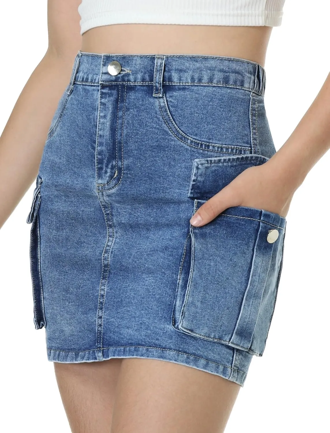 EXARUS Girls Cargo Skirt Cotton Elastic High Waist A-Line Short Mini Skirt with Pockets for School Casual 8-14Y